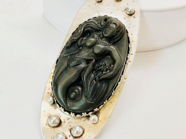 Mermaid Carved Brown Agate Stone Necklace Argentium Silver