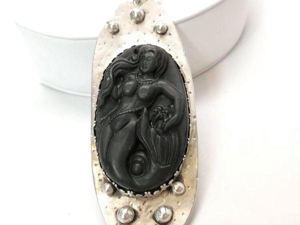Mermaid Carved Brown Agate Stone Necklace Argentium Silver