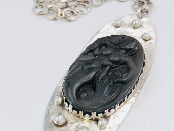 Mermaid Carved Brown Agate Stone Necklace Argentium Silver