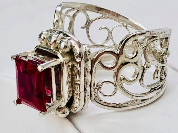 Ruby Filigree Ring Argentium Side View