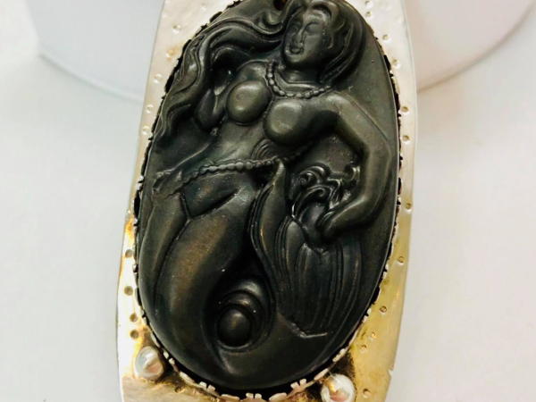 Mermaid Carved Brown Agate Stone Necklace Argentium Silver