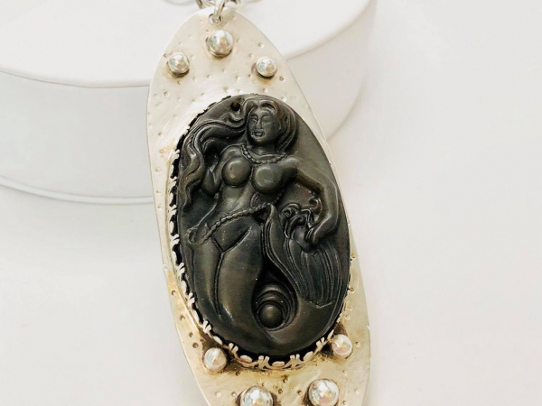 Mermaid Carved Brown Agate Stone Necklace Argentium Silver