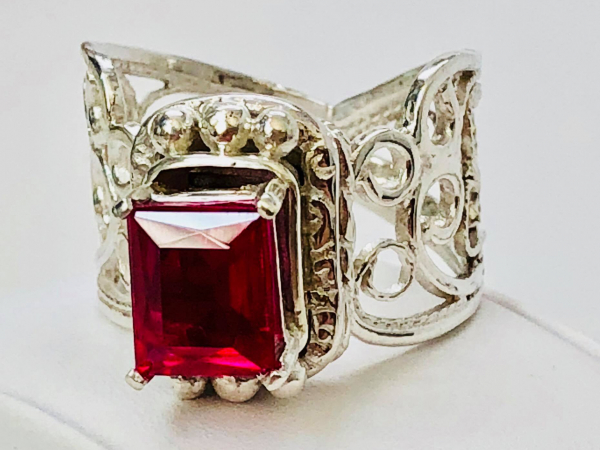 Ruby Filigree Ring Argentium Front Prongs