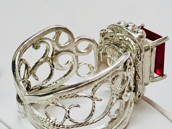 Ruby Filigree Ring Argentium Scroll Work Back Of Ring