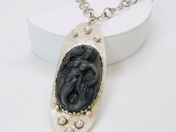 Mermaid Carved Brown Agate Stone Necklace Argentium Silver