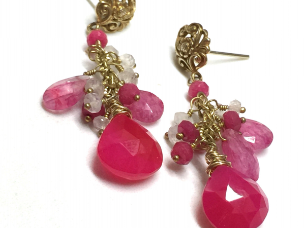 Fuchsia Pink Chalcedony & Pink and Rainbow Moonstone Dangle Earrings