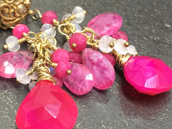 Fuchsia Pink Chalcedony & Pink and Rainbow Moonstone Dangle Earrings