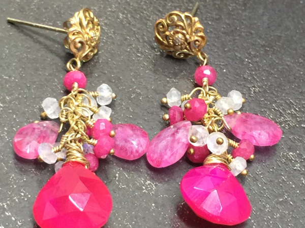 Fuchsia Pink Chalcedony & Pink and Rainbow Moonstone Dangle Earrings