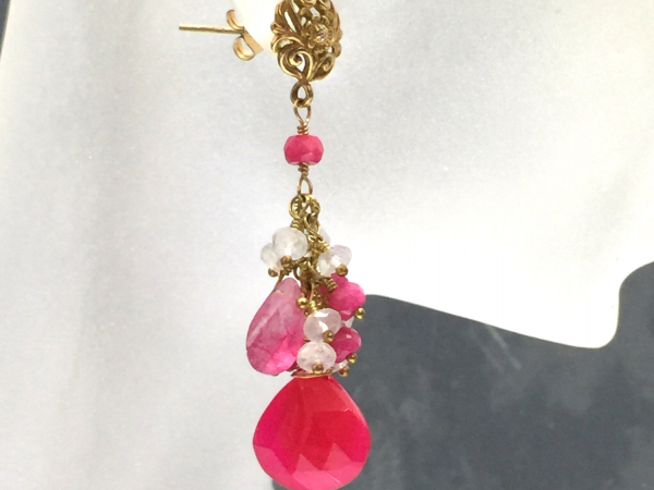 Fuchsia Pink Chalcedony & Pink and Rainbow Moonstone Dangle Earrings