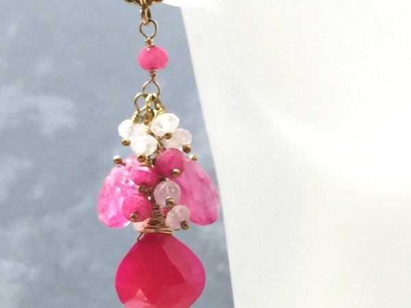 Fuchsia Pink Chalcedony & Pink and Rainbow Moonstone Dangle Earrings