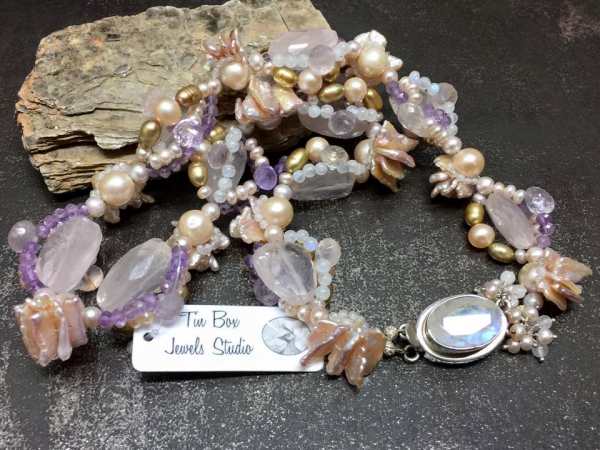 Pink Sea Petals Pearls Moonstone Amethyst Rose Quartz Wedding Necklace