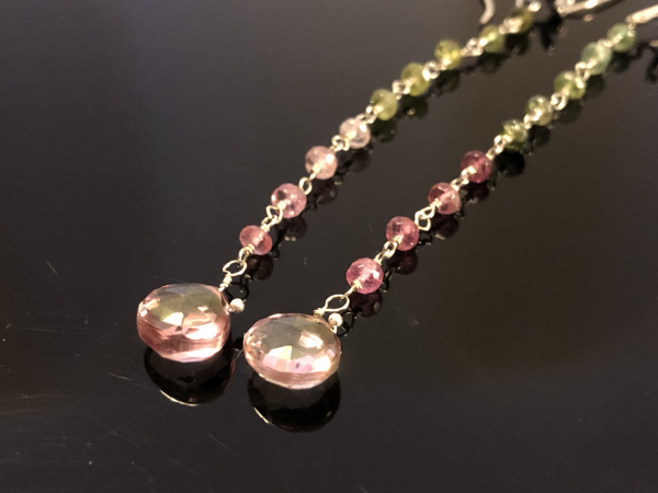 EARRINGS PINK GREEN TOURMALINE STERLING SILVER WRAPPED LUXE JEWELRY