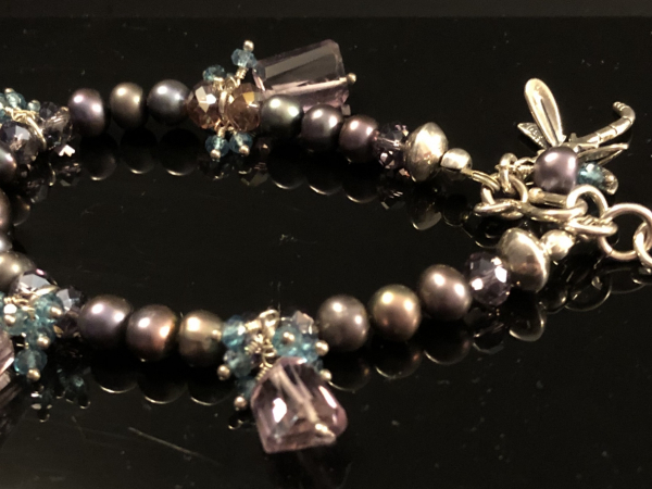 Dragonfly Freshwater Pearls, Amethyst, Sterling Silver, Crystals