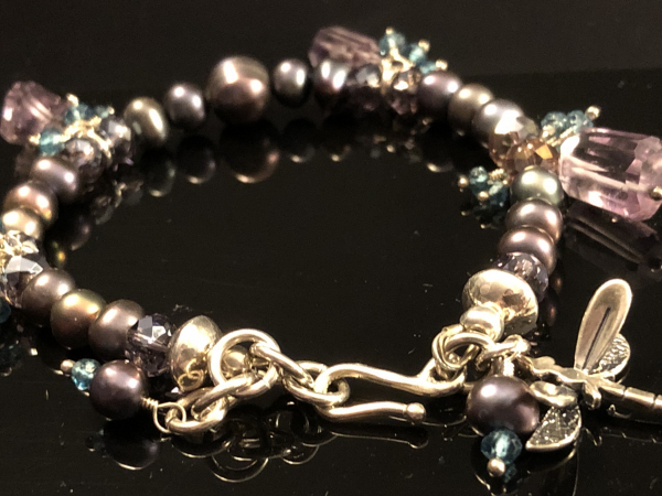 Dragonfly Freshwater Pearls, Amethyst, Sterling Silver, Crystals