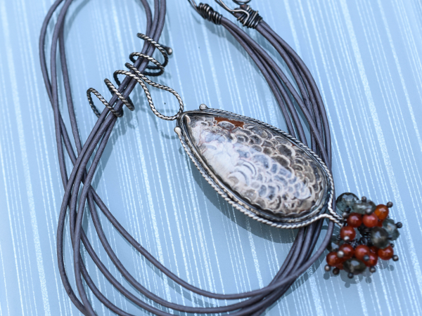 Mushroom Jasper Carnelian Leather Moss Aquamarine Organic Peacock Necklace