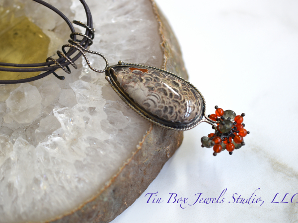 Mushroom Jasper Carnelian Leather Moss Aquamarine Organic Peacock Necklace