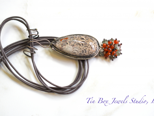 Mushroom Jasper Carnelian Leather Moss Aquamarine Organic Peacock Necklace