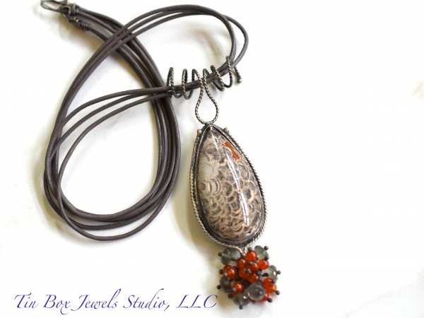 Mushroom Jasper Carnelian Leather Moss Aquamarine Organic Peacock Necklace