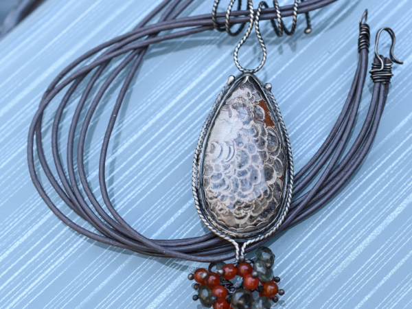 Mushroom Jasper Carnelian Leather Moss Aquamarine Organic Peacock Necklace