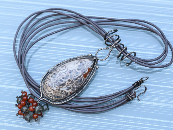 Mushroom Jasper Carnelian Leather Moss Aquamarine Organic Peacock Necklace