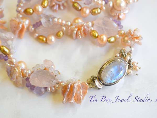 Pink Sea Petals Pearls Moonstone Amethyst Rose Quartz Wedding Necklace
