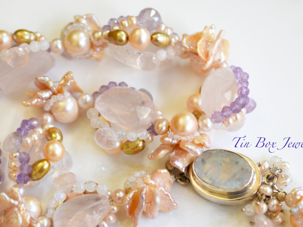 Pink Sea Petals Pearls Moonstone Amethyst Rose Quartz Wedding Necklace