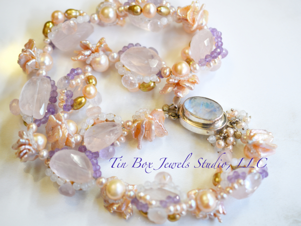 Pink Sea Petals Pearls Moonstone Amethyst Rose Quartz Wedding Necklace