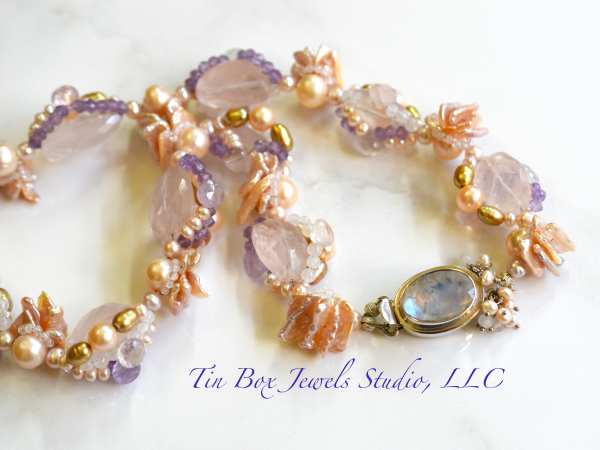 Pink Sea Petals Pearls Moonstone Amethyst Rose Quartz Wedding Necklace