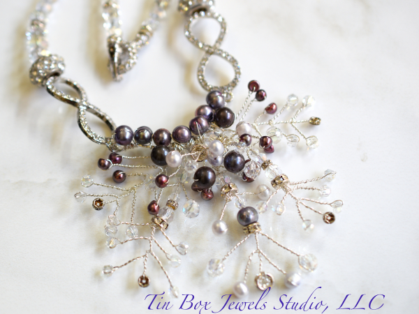 Snowflakes & Pearls Crystal Necklace Freshwater Pearls Statement Necklace