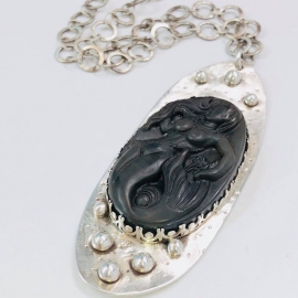 Mermaid Carved Brown Agate Stone Necklace Argentium Silver