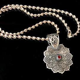 Garnet Mandala Necklace Fine Silver Handmade Italian Silver Chain