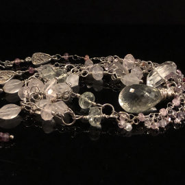 PENDANT GREEN AMETHYST ROSE QUARTZ STERLING SILVER WIRE WRAP HANDMADE CHAIN LUXE