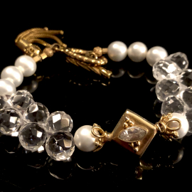 WHITE TOPAZ SHELL PEARLS & QUARTZ CRYSTAL BRACELET