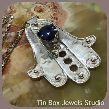 Argentium Silver Hamsa With Blue Sapphire