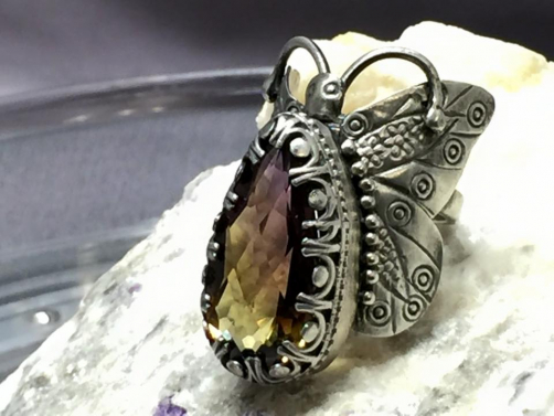 Sterling Silver Butterfly Ring Set With Ametrine Gemstone