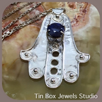 Blue Sapphire Hamsa Silversmith Necklace Argentium Sterling Silver Handmade Jewelry