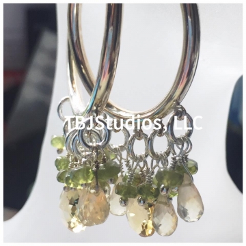 SOLD Earrings Hoop Citrine Lemon Quartz Vesuvianite Sterling Silver Wire Wrapped Earrings Luxe Jewelry Wedding Bride Gemstones 2.50"