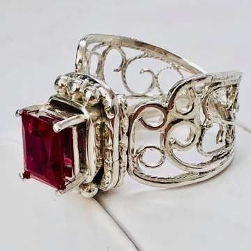 SOLD  Ruby Filigree Ring Argentium Silver Size 10