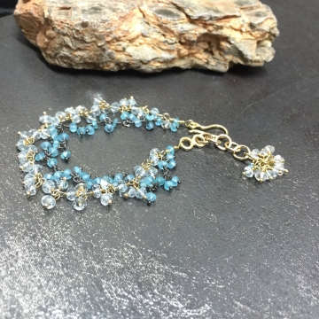 SOLD  Bracelet Aquamarine & Blue Topaz 14K GF Double Strand Fringe Bracelet Luxe Wedding Wire Wrapped Bohemian