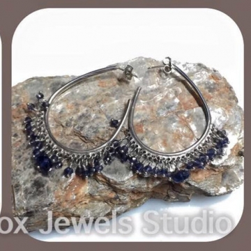 SOLD Iolite Water Sapphire Sterling Silver Wire Wrapped Hoop Earrings Luxury Luxe Boho Elegant Jewelry Wedding Blue Denim Purple Gemstones 2"