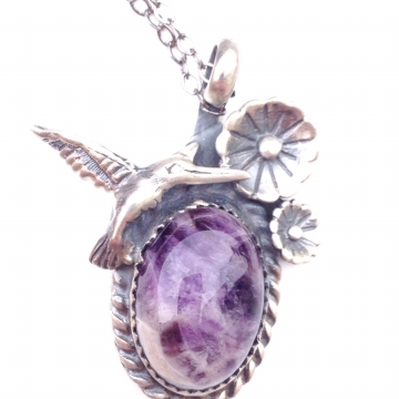 SOLD  Amethyst Flowers With Hummingbird Silversmith Pendant Necklace Sterling & Fine Silver Handmade Necklace Luxe Jewelry