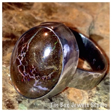 Ring Boulder Opal Oval Handmade 925 Sterling and Fine Silver Handcrafted Oxidized Silversmith Jewelry Size 7.5