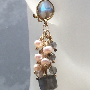 SOLD Earrings Labradorite Freshwater Pearl Fringe Wrapped Gold Luxe Jewelry Wedding Blue Flash Rainbow 2.0"