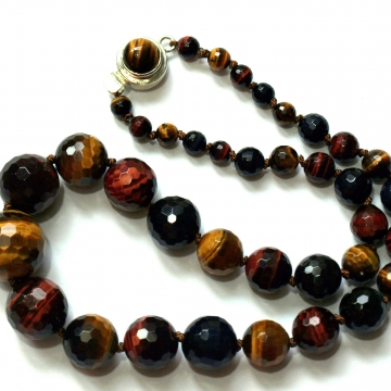 SOLD Tiger Eye Fall Colors Sterling Hand Knotted on Silk 18" Necklace Luxe Jewelry Brown Red Golden Blue