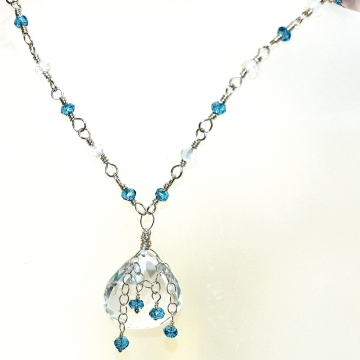 SOLD  Necklace Pendant London Blue Quartz Rock Quartz Crystal Heart Briolette & Sterling Silver Vintage Modern Necklace Tassel Collection