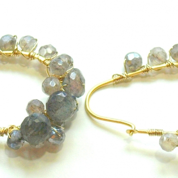 SOLD Earrings Hoop Labradorite AB Gold Wire Wrapped Earrings Luxe Jewelry Wedding Bride Kidney Hoops Grey Gemstones 1.50"