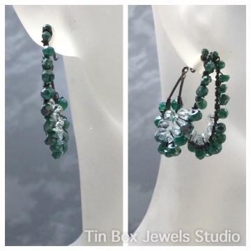 SOLD  Earrings Hoop Teal CZ's & Blue Topaz Oxidized Aruba Sparkly Waters Luxe Jewelry Wedding Kidney Hoops Blue 1.25"