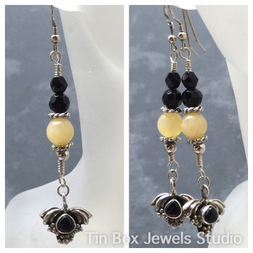 SOLD Earrings Black Onyx & Yellow Jade Wire Wrapped Dangle Earrings - 3.0" in length