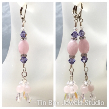 SOLD Earrings Rose Quartz & Amethyst Crystals Wire Wrapped Cluster Earrings Rose Pink Earrings TBE078