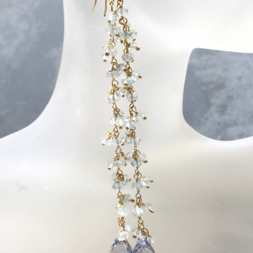 SOLD  Sky Blue Topaz Shoulder Sweep Mystic Topaz Dusters 14K GF Fringe Wrapped Earrings Luxe Jewelry Wedding Blue 5.0"